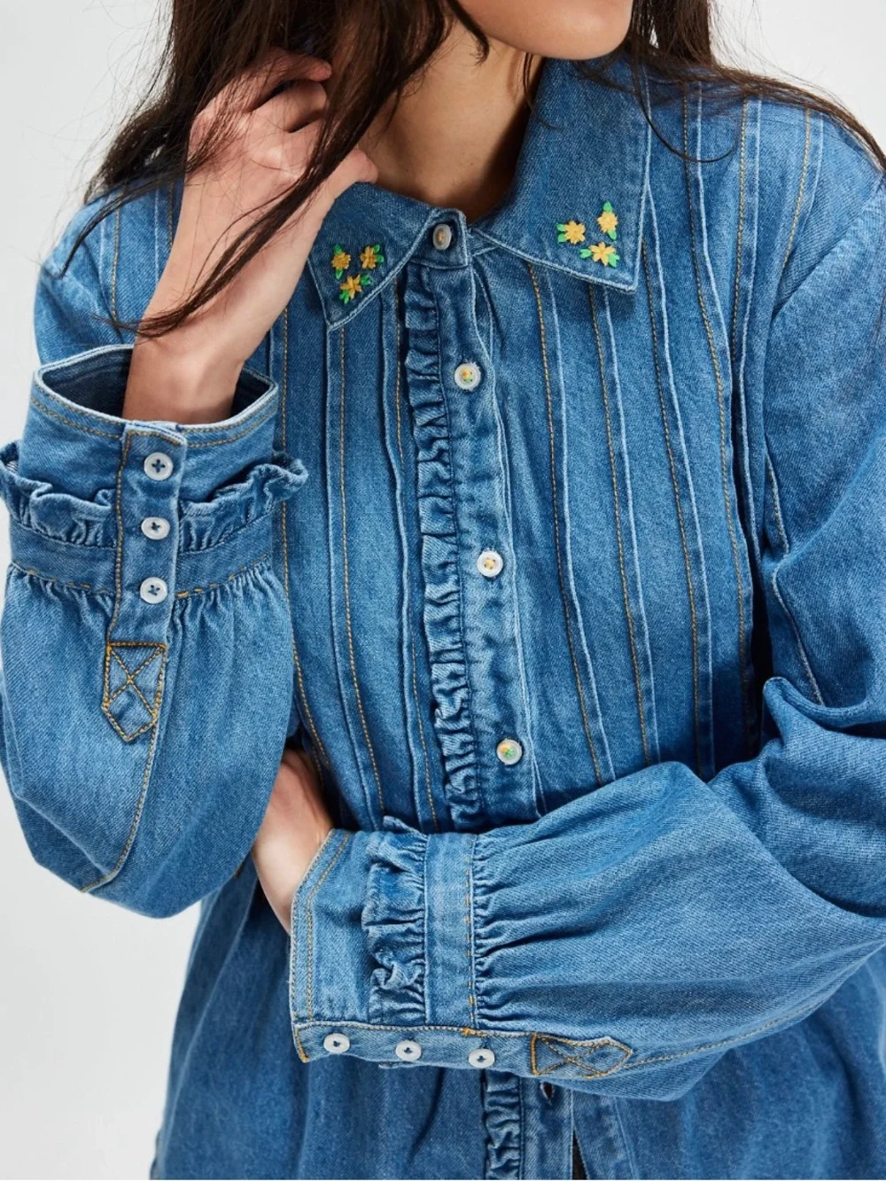 Free People Robin Pintuck Denim Shirt Pleated Ruffle Cuffs Light Wash M NWT